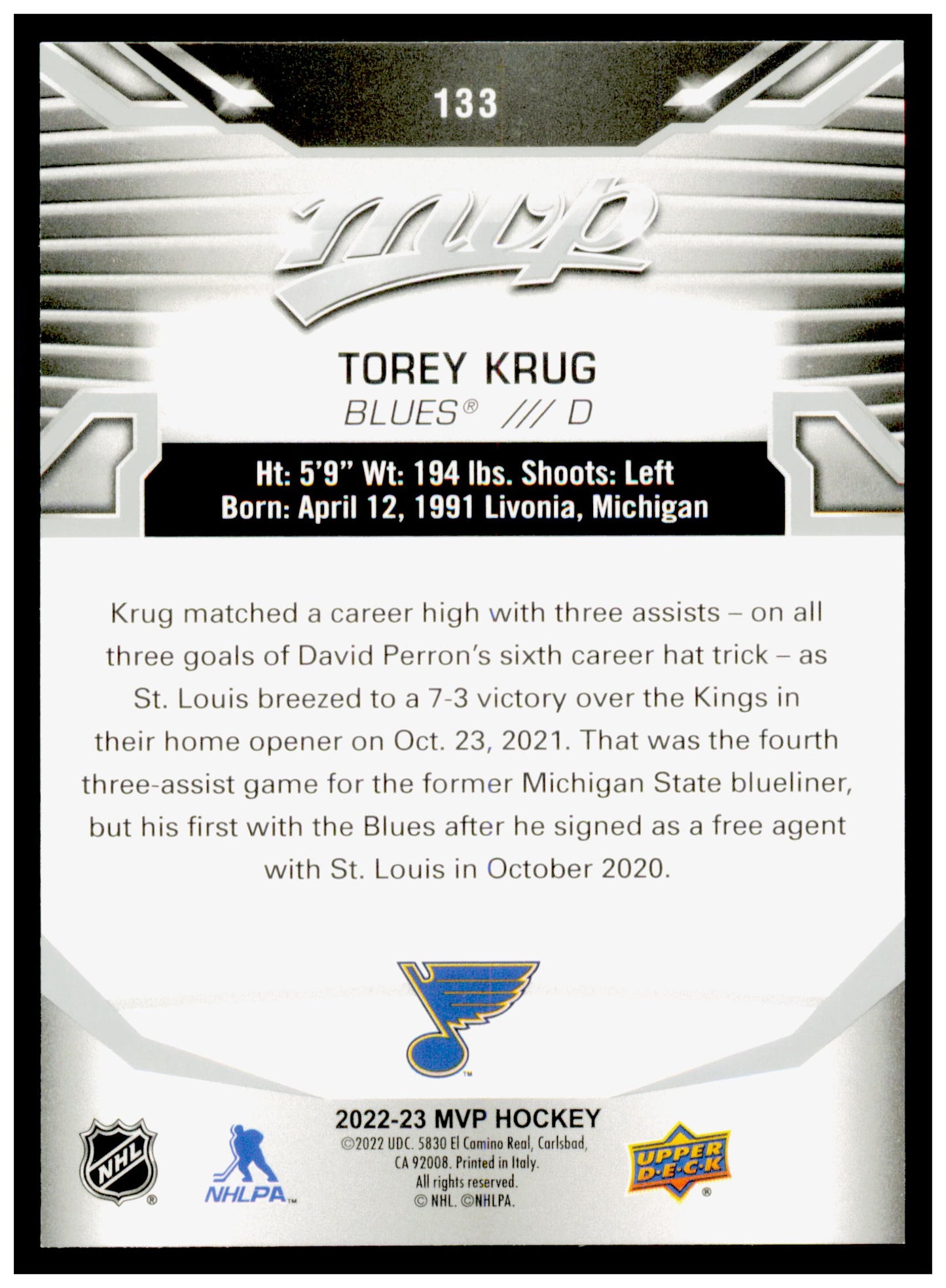 2022-23 Upper Deck MVP Torey Krug Card Silver Script St. Louis Blues #133