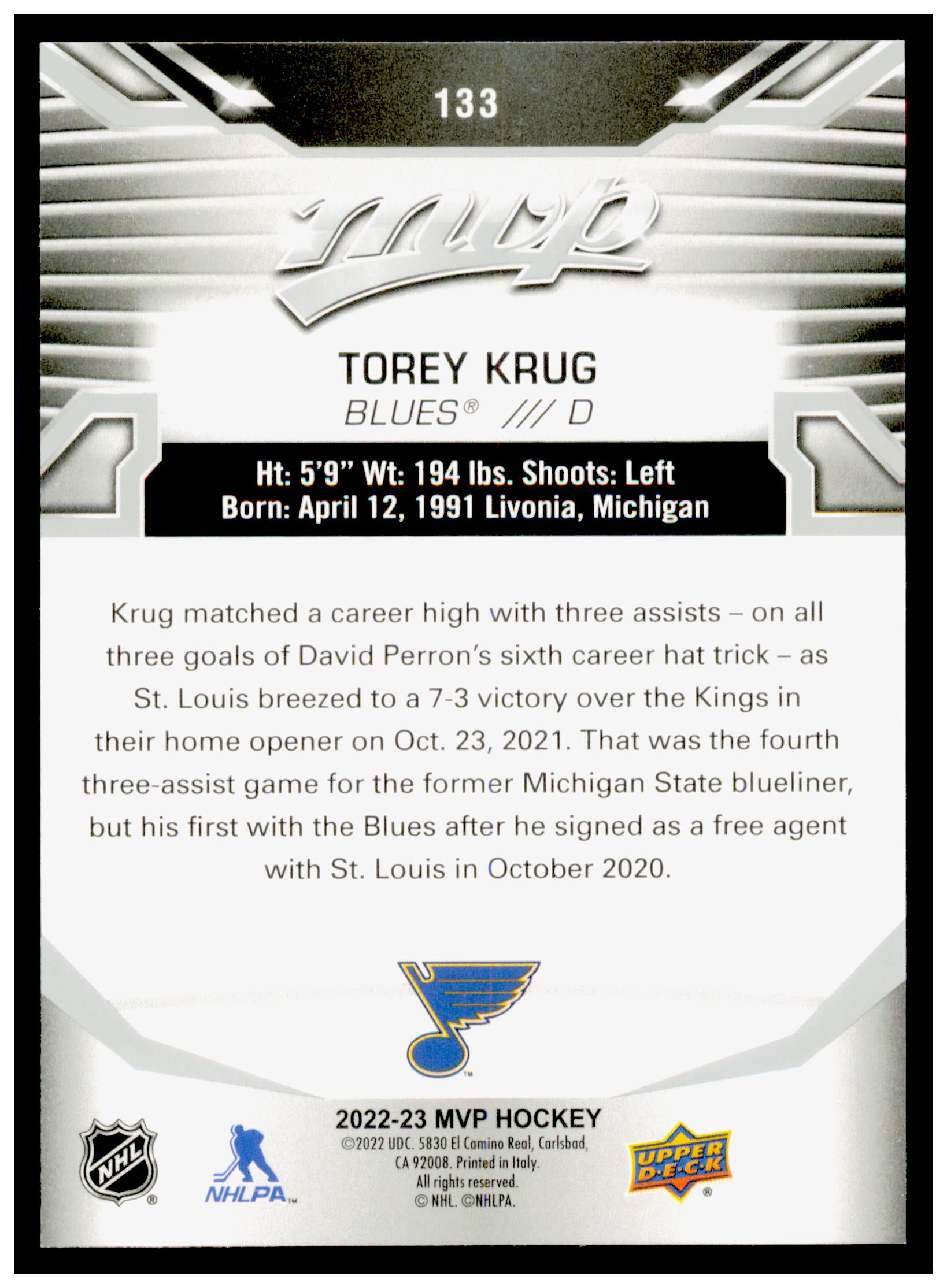 2022-23 Upper Deck MVP Torey Krug Card Silver Script St. Louis Blues #133
