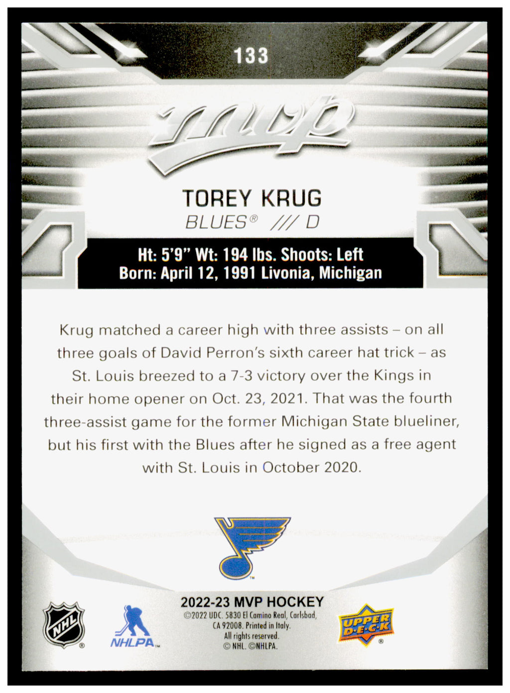 2022-23 Upper Deck MVP Torey Krug Card Silver Script St. Louis Blues #133