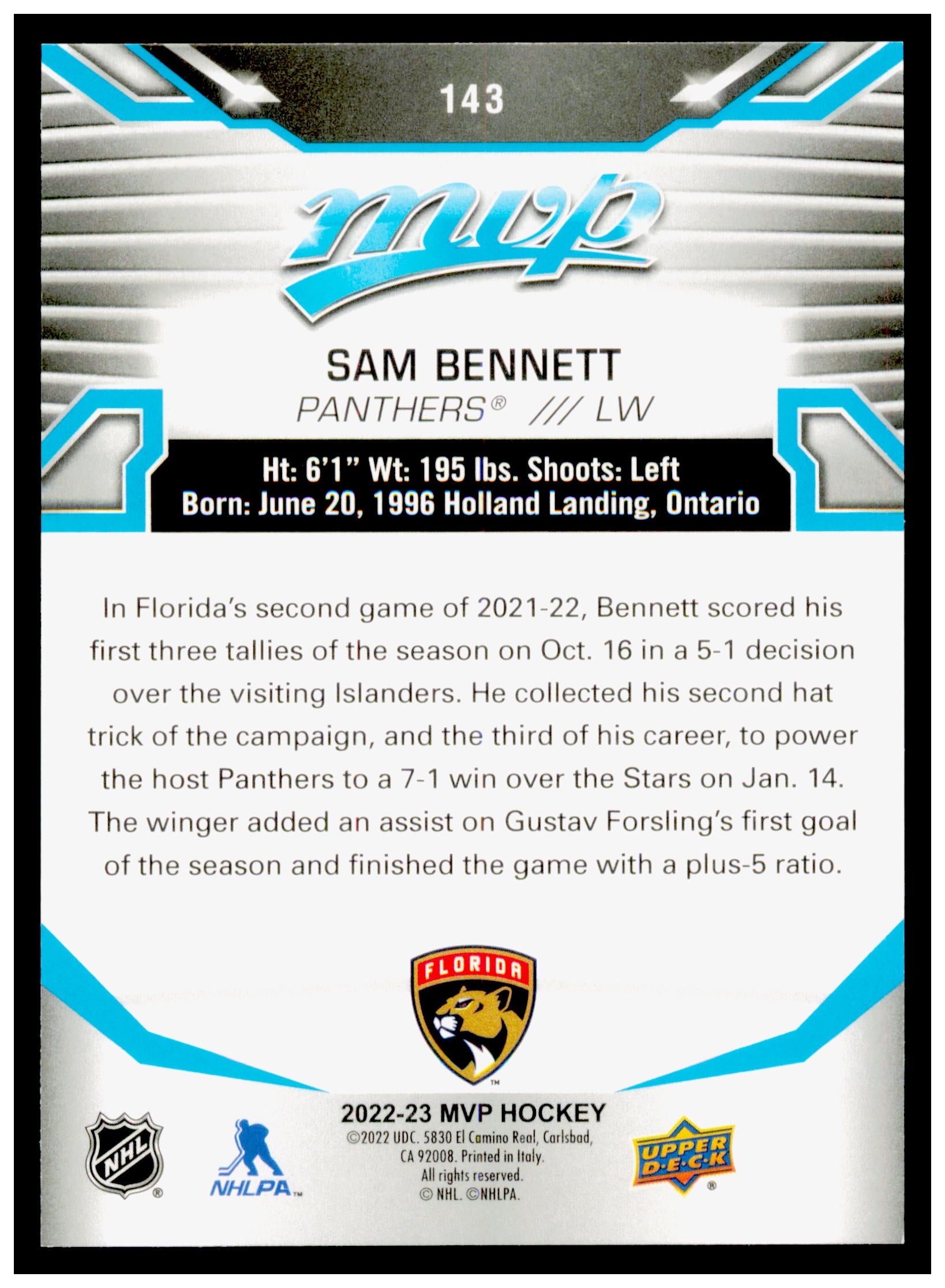 2022-23 Upper Deck MVP Sam Bennett Card Florida Panthers #143