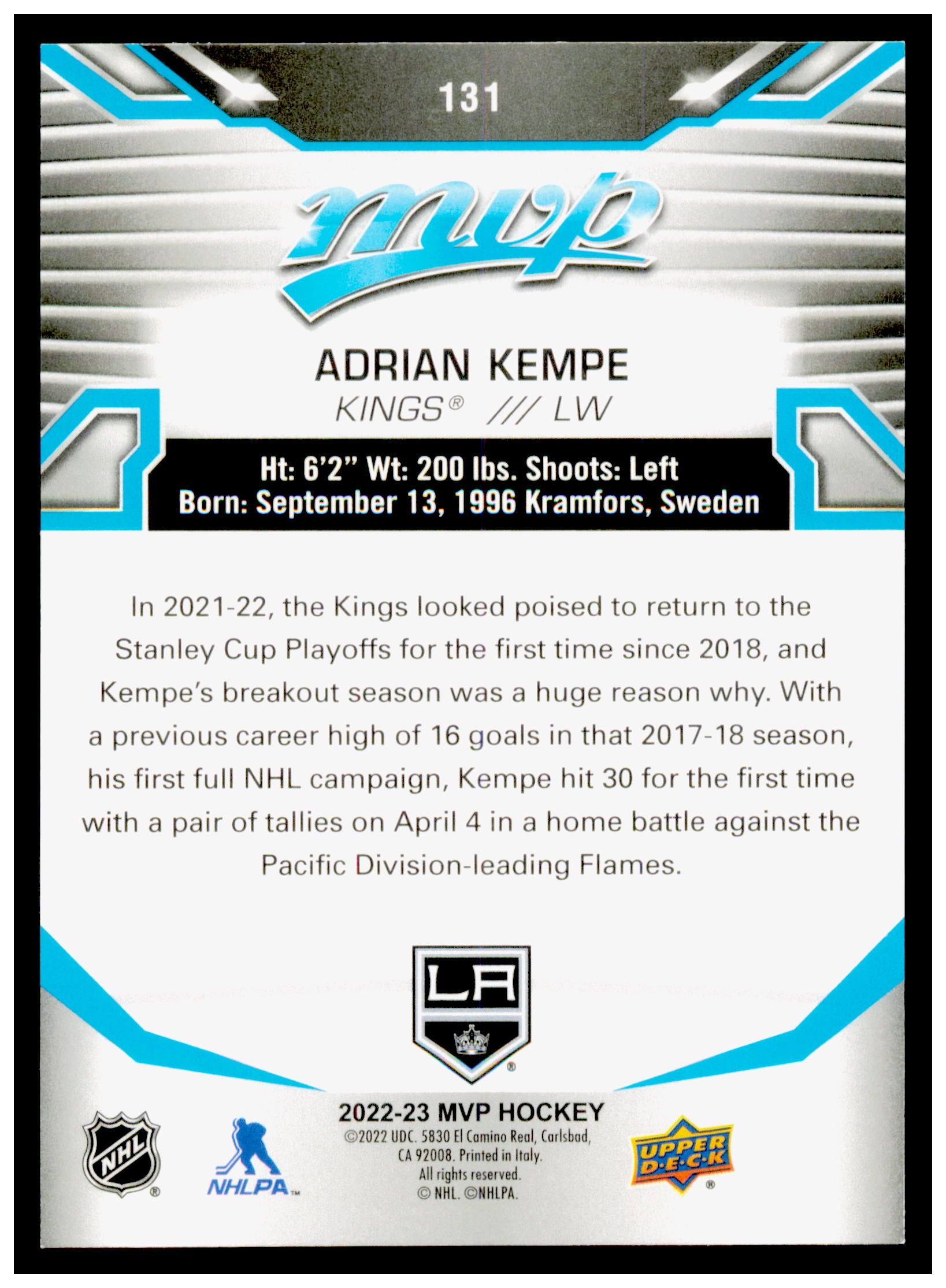2022-23 Upper Deck MVP Adrian Kempe Card Ice Battles Gold Los Angeles Kings #131