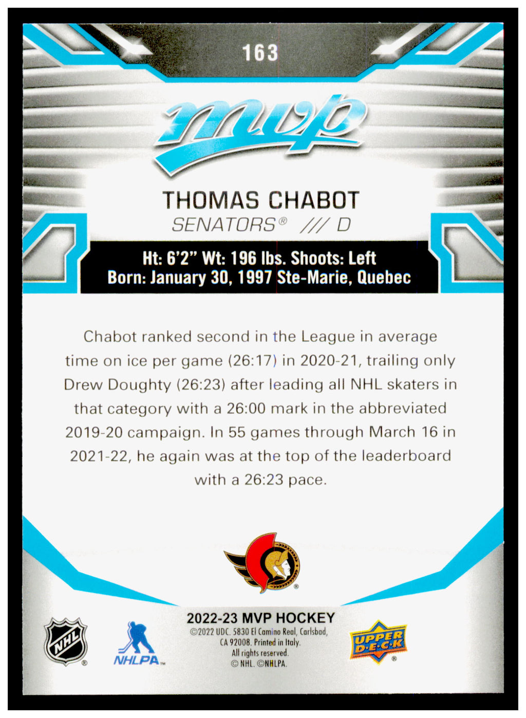 2022-23 Upper Deck MVP Thomas Chabot Card Ice Battles Gold Ottawa Senators #163