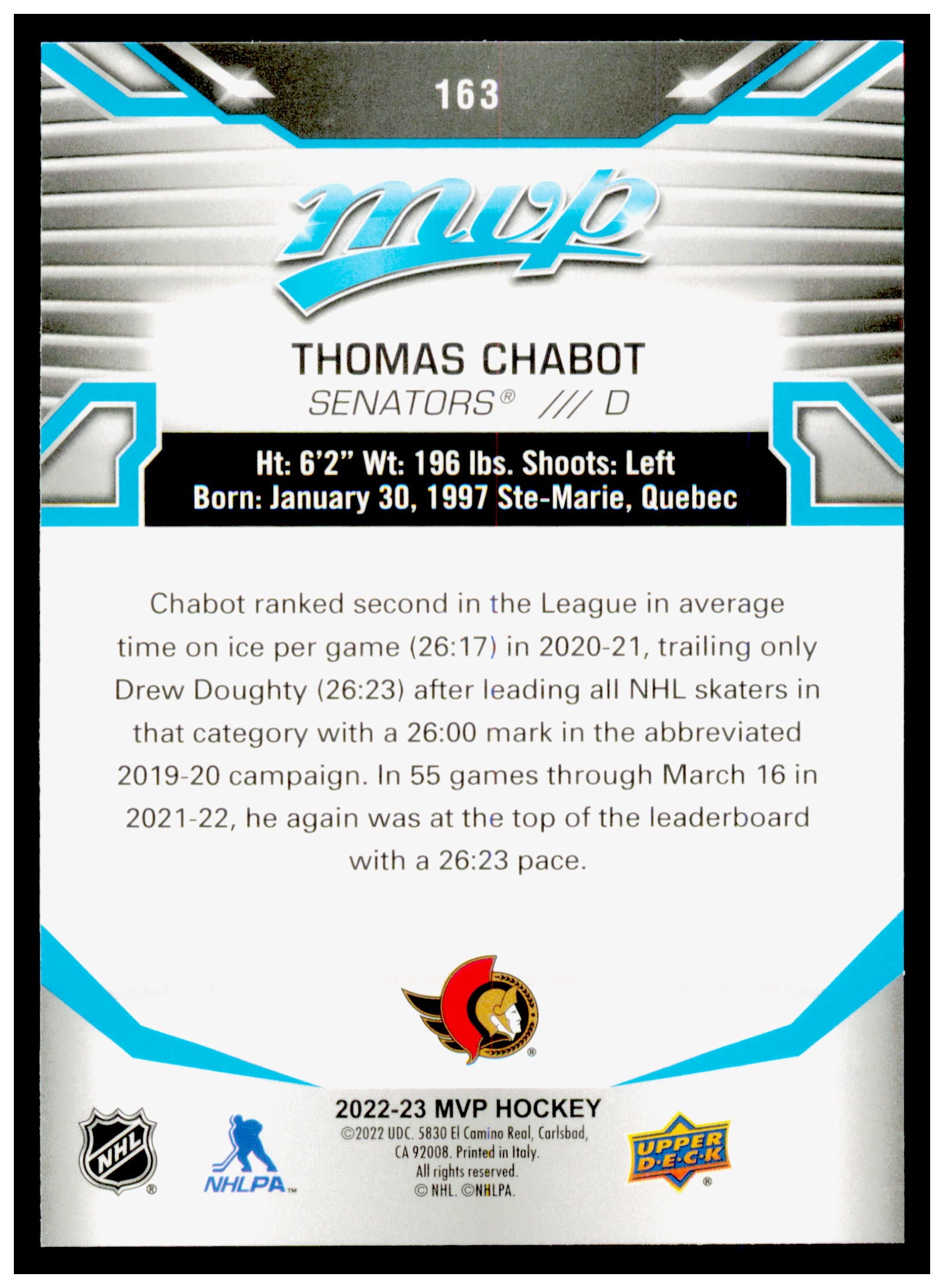 2022-23 Upper Deck MVP Thomas Chabot Card Ice Battles Gold Ottawa Senators #163