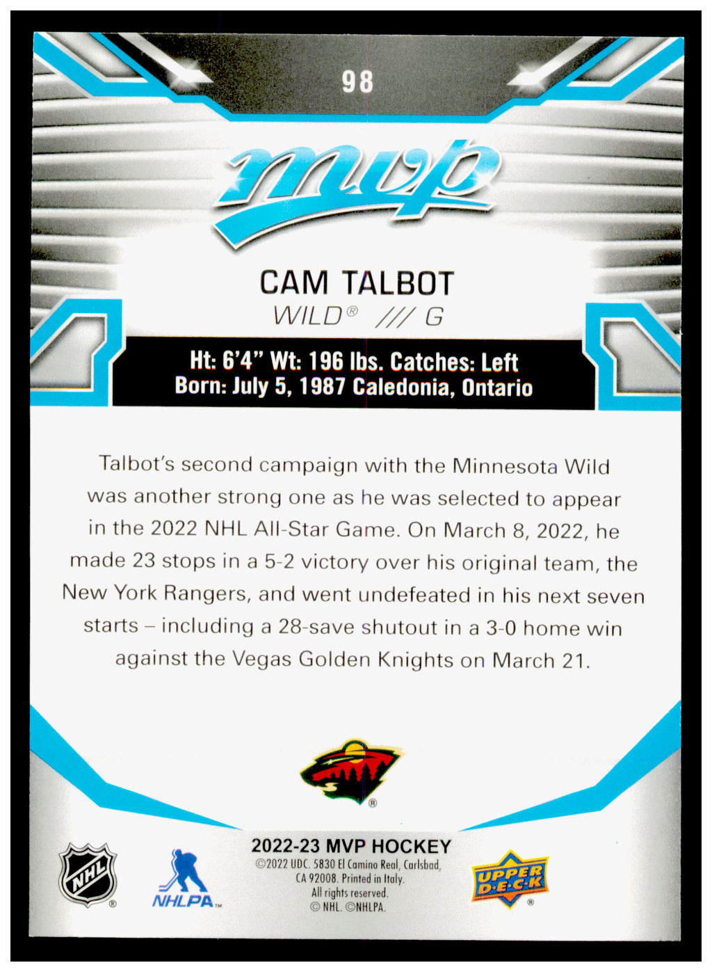 2022-23 Upper Deck MVP Cam Talbot Card Minnesota Wild #98