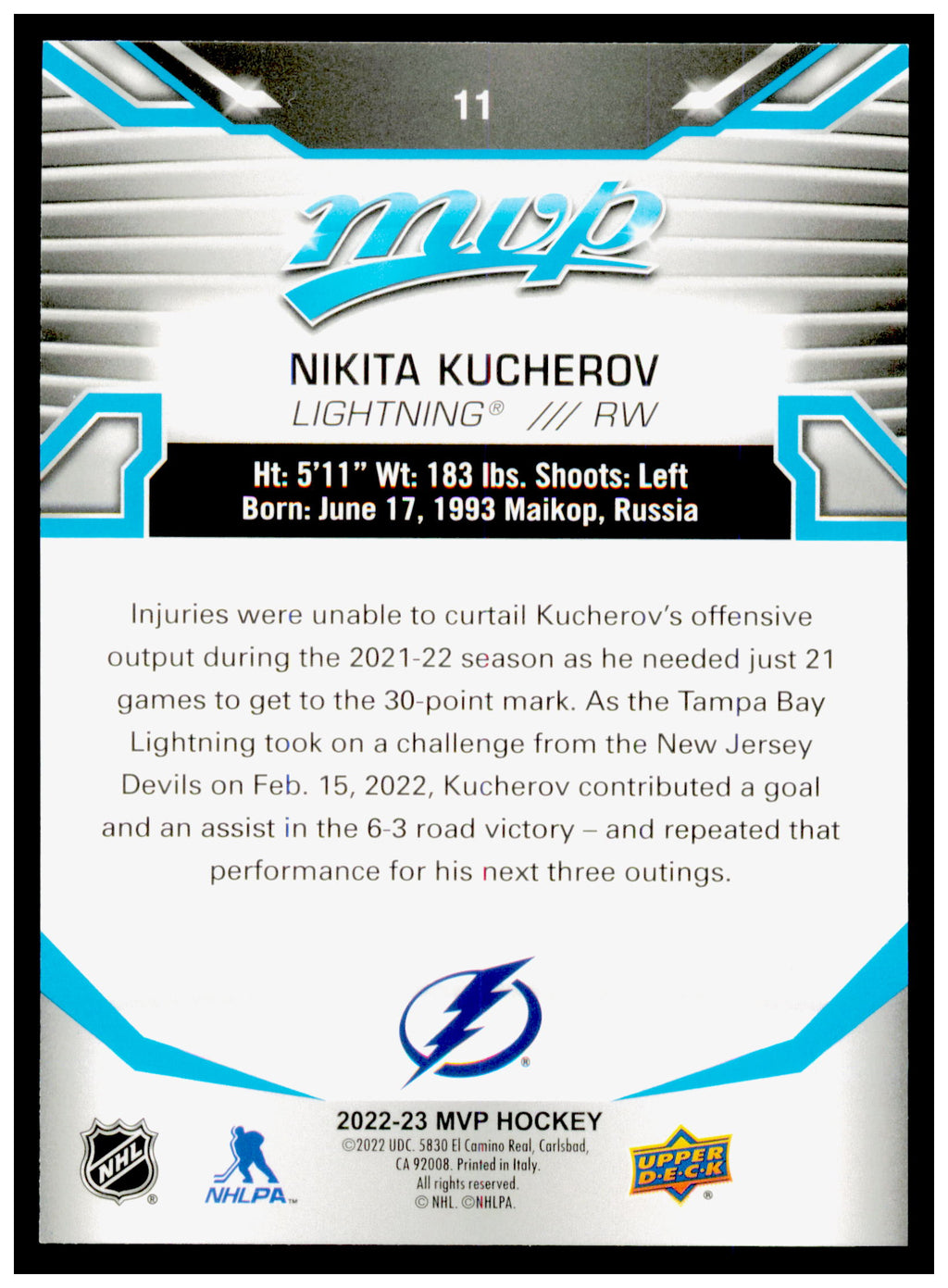 2022-23 Upper Deck MVP Nikita Kucherov Card Tampa Bay Lightning #11