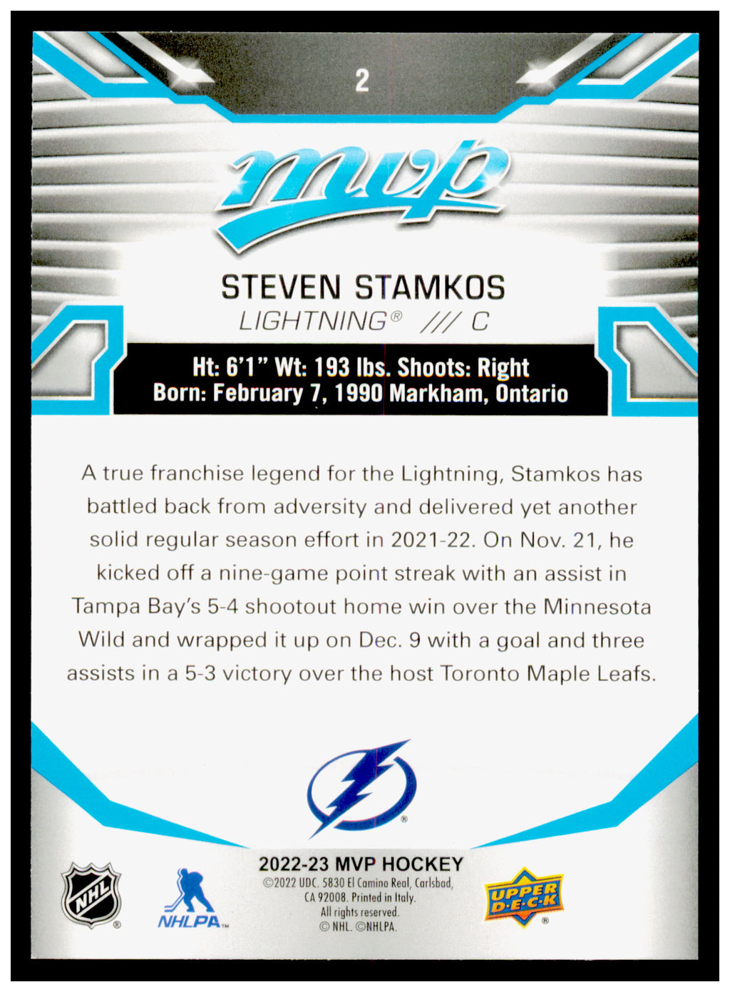 2022-23 Upper Deck MVP Steven Stamkos Card Tampa Bay Lightning #2