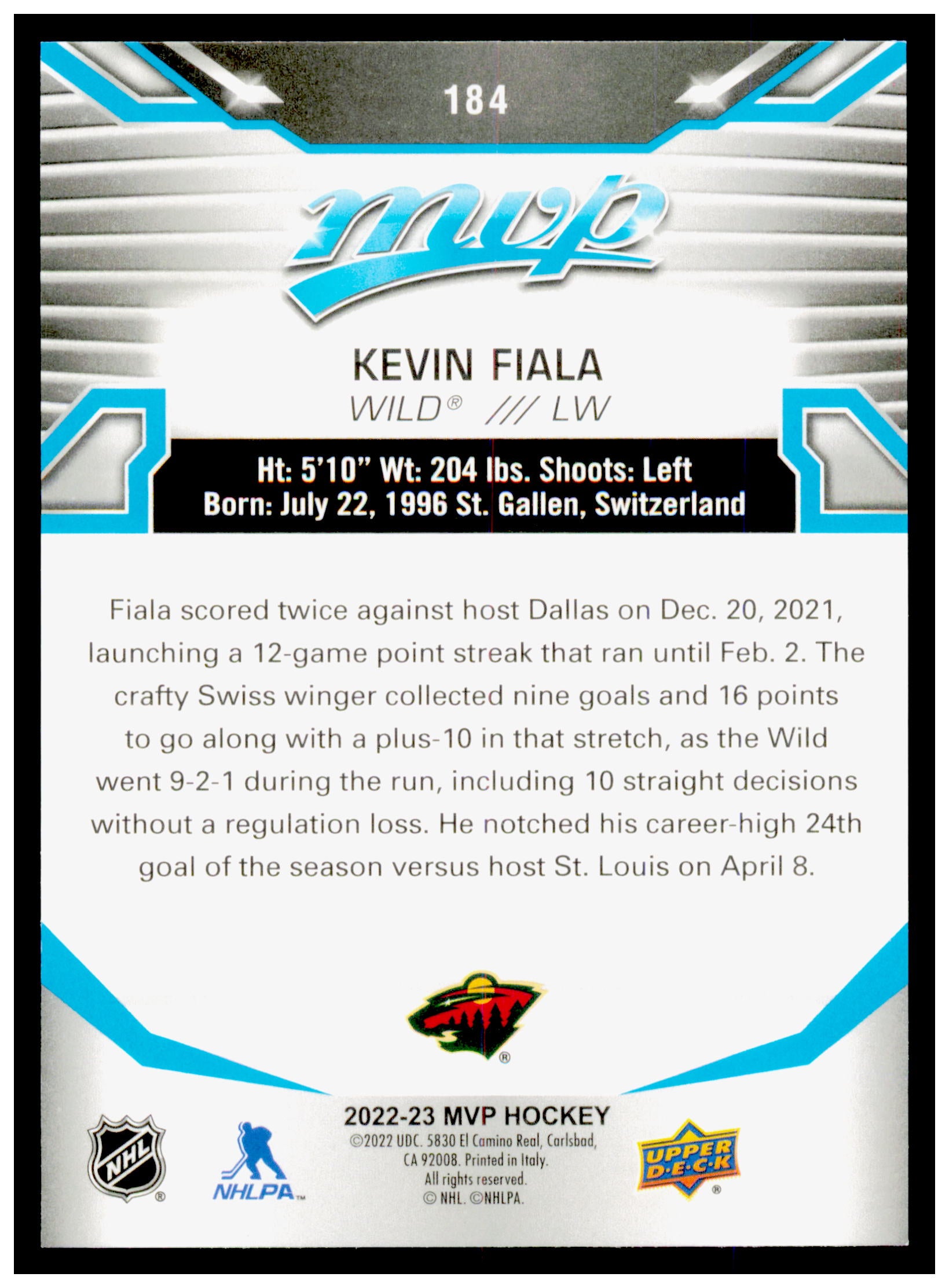 2022-23 Upper Deck MVP Kevin Fiala Card Ice Battles Gold Minnesota Wild #184