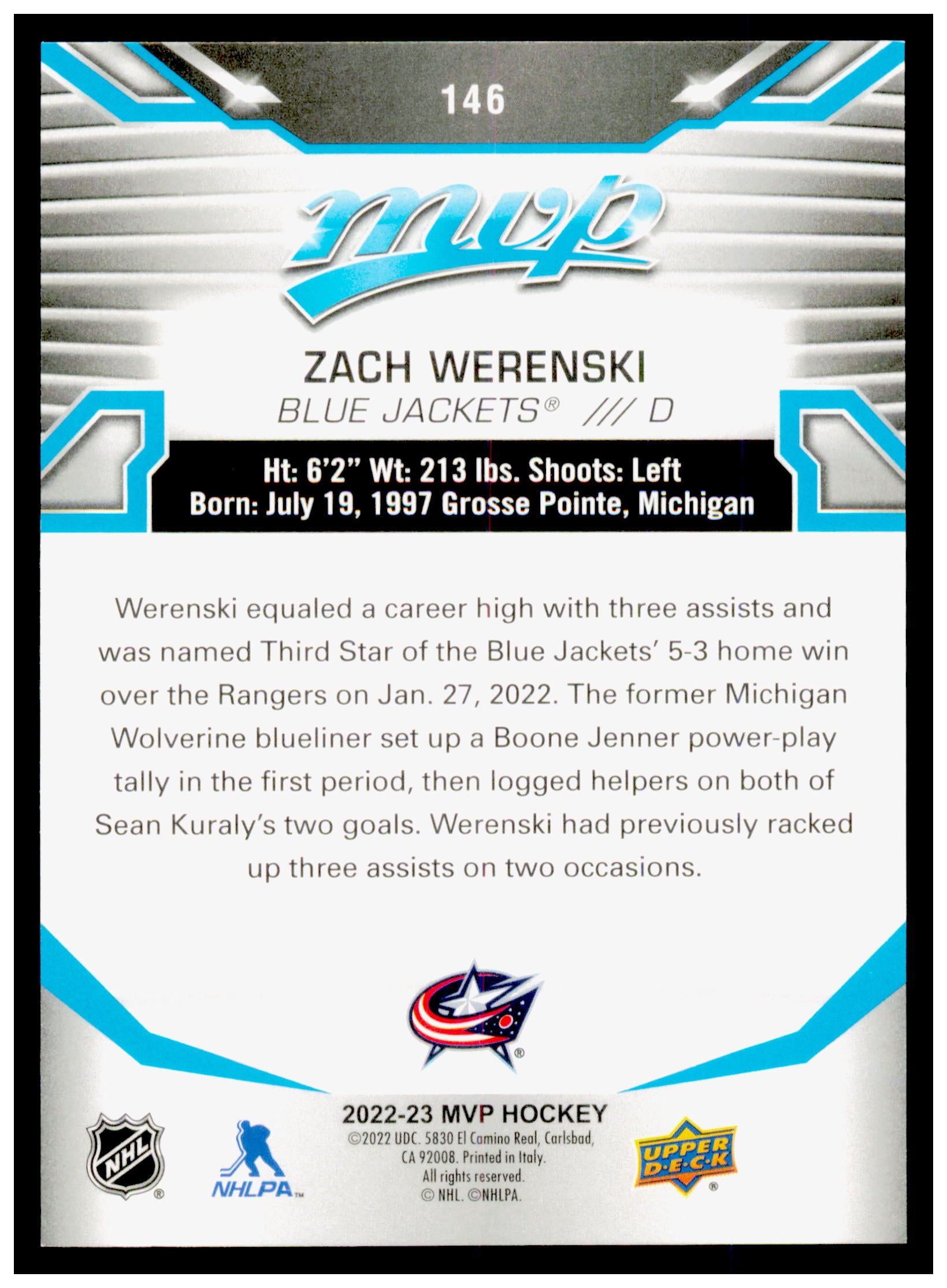2022-23 Upper Deck MVP Zach Werenski Card Ice Battles Columbus Blue Jackets #146