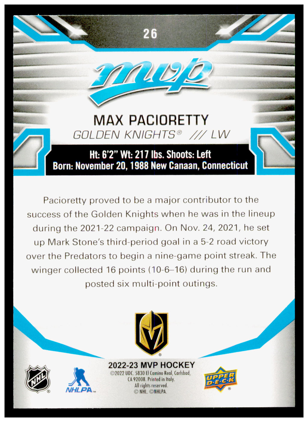 2022-23 Upper Deck MVP Max Pacioretty Card Vegas Golden Knights #26