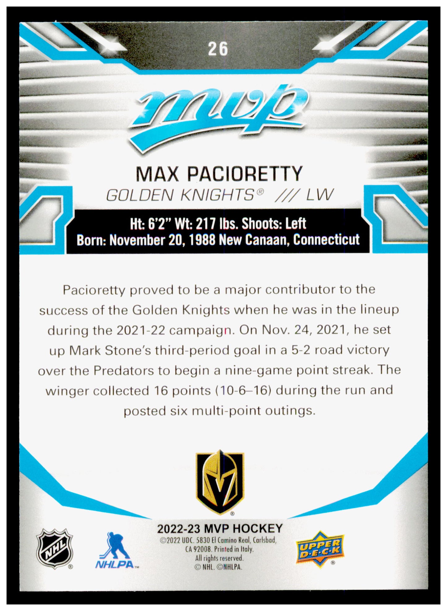 2022-23 Upper Deck MVP Max Pacioretty Card Vegas Golden Knights #26