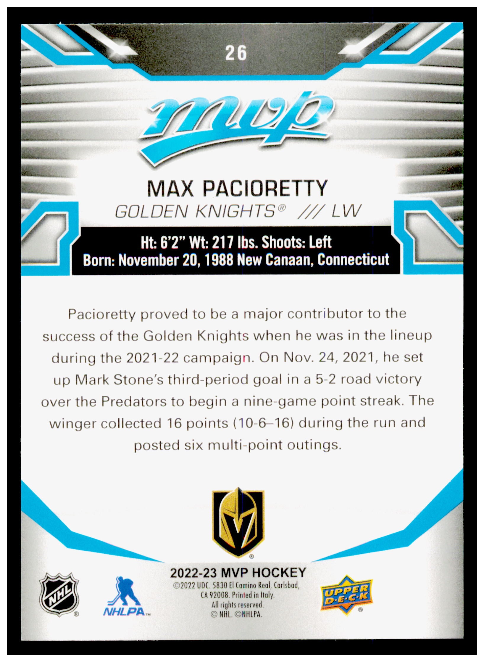 2022-23 Upper Deck MVP Max Pacioretty Card Vegas Golden Knights #26