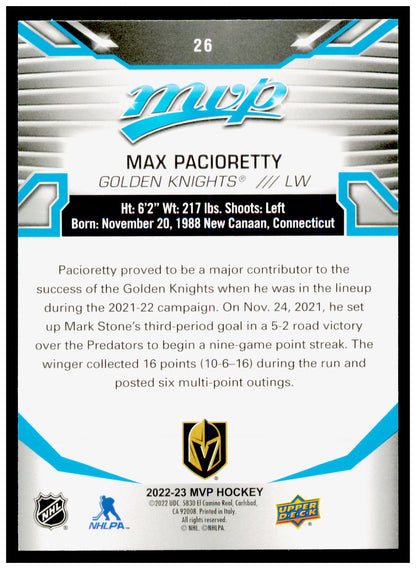2022-23 Upper Deck MVP Max Pacioretty Card Vegas Golden Knights #26