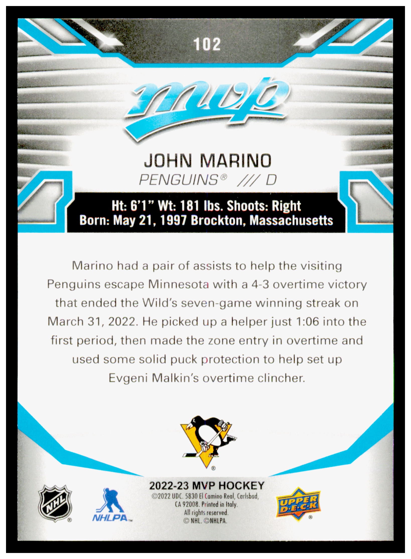 2022-23 Upper Deck MVP John Marino Card Pittsburgh Penguins #102