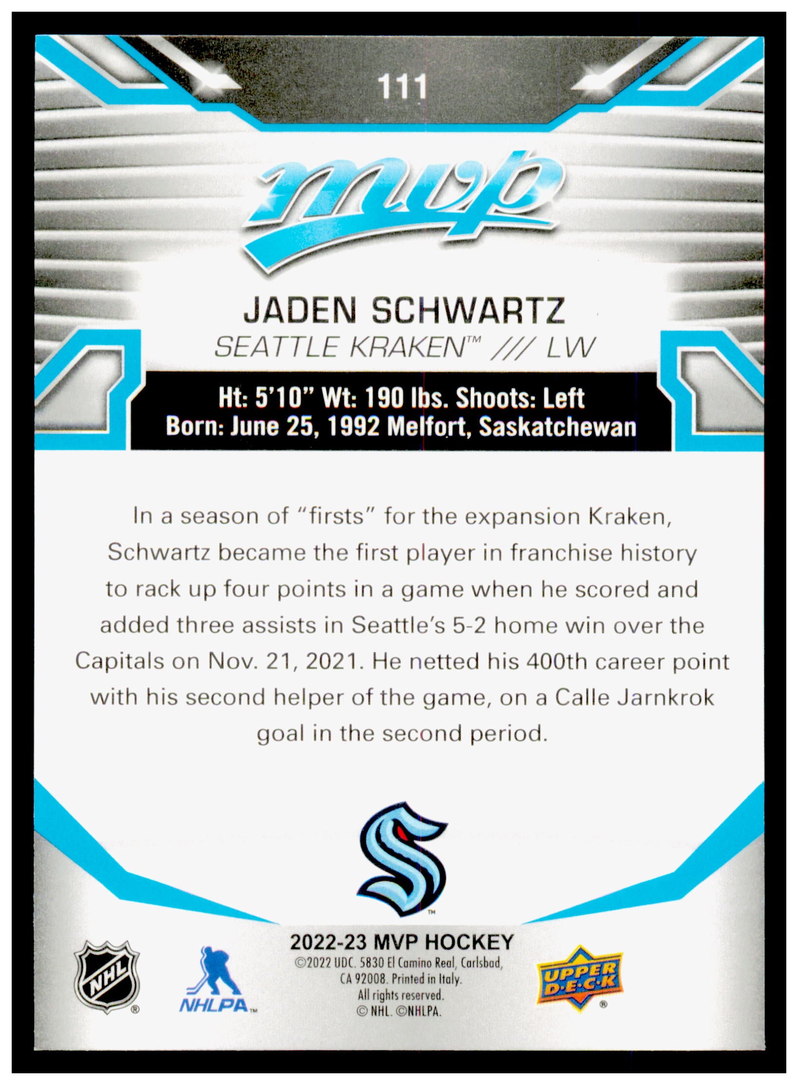 2022-23 Upper Deck MVP Jaden Schwartz Card Seattle Kraken #111