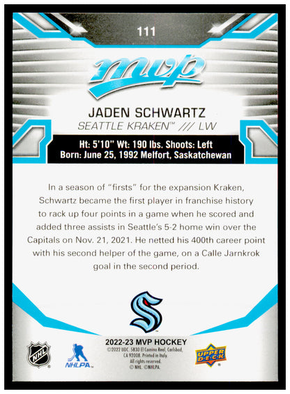 2022-23 Upper Deck MVP Jaden Schwartz Card Seattle Kraken #111