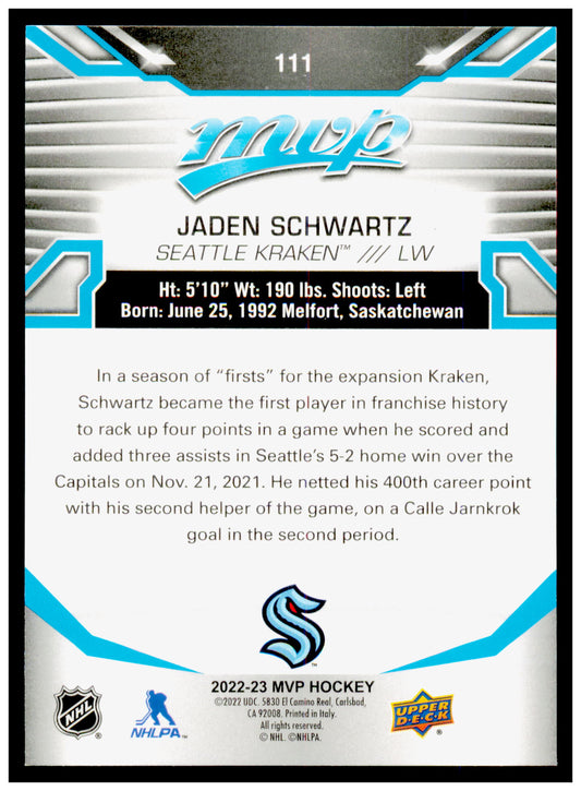 2022-23 Upper Deck MVP Jaden Schwartz Card Seattle Kraken #111