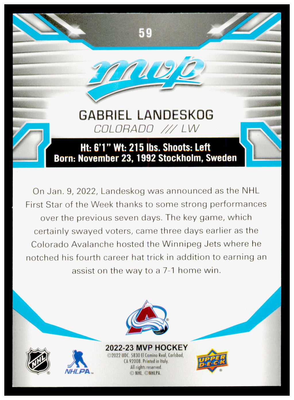2022-23 Upper Deck MVP Gabriel Landeskog Card Colorado Avalanche #59