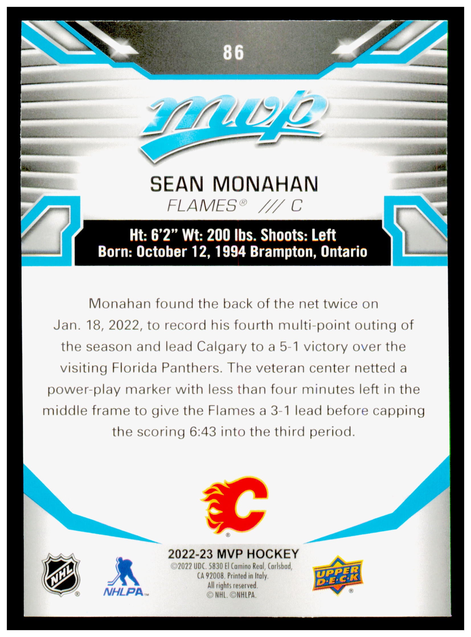 2022-23 Upper Deck MVP Sean Monahan Card Calgary Flames #86
