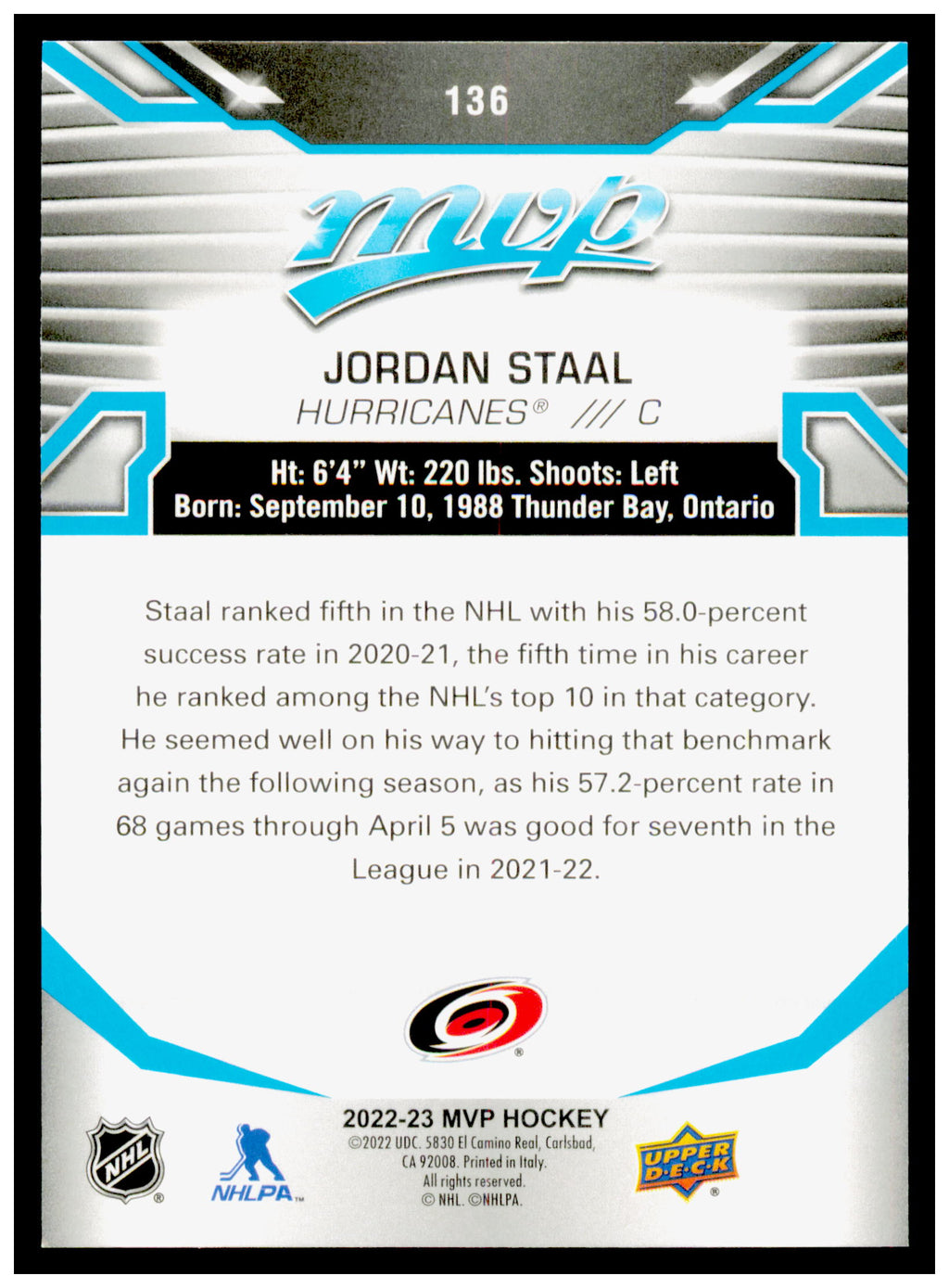2022-23 Upper Deck MVP Jordan Staal Card Carolina Hurricanes #136