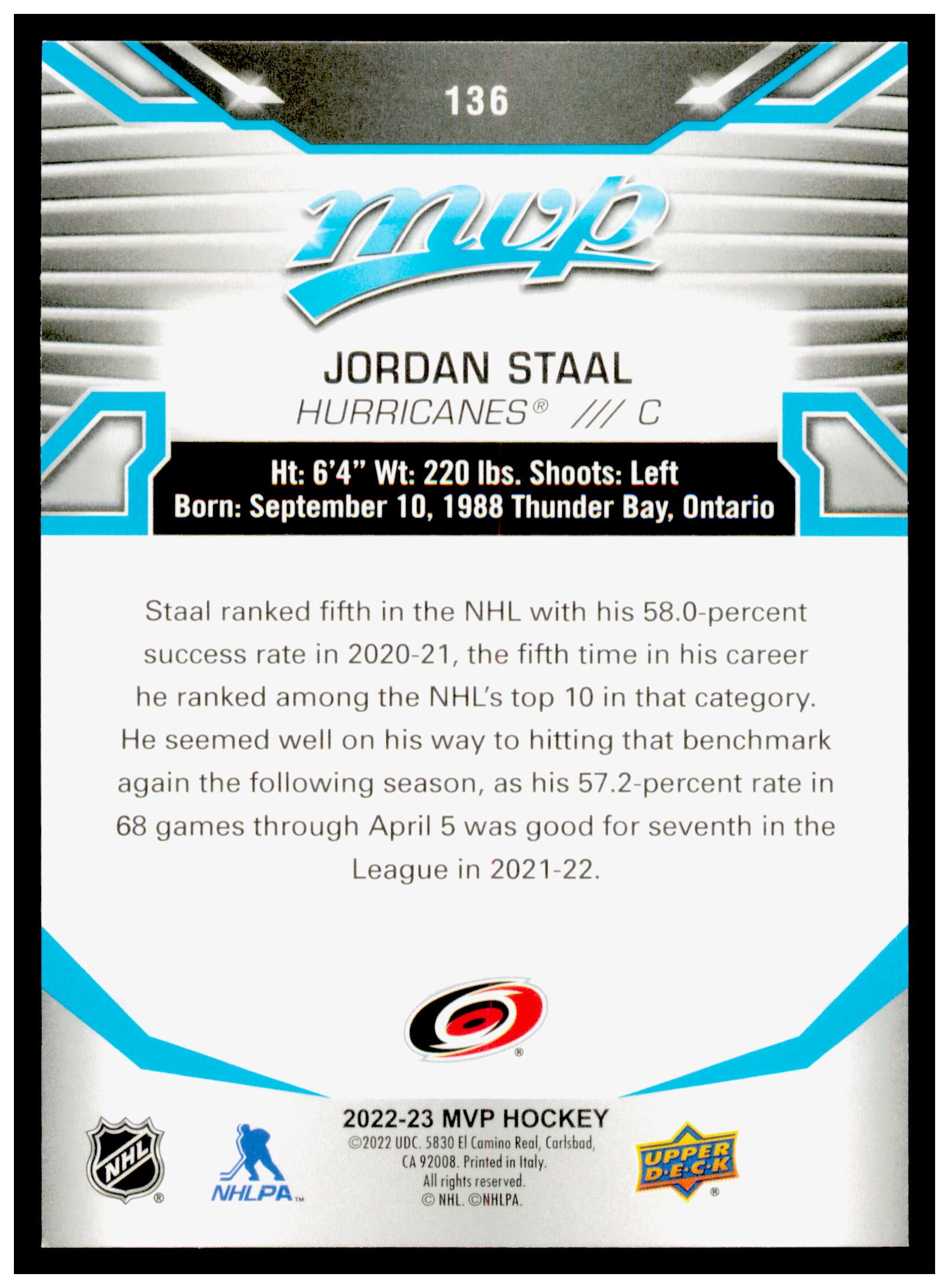 2022-23 Upper Deck MVP Jordan Staal Card Carolina Hurricanes #136
