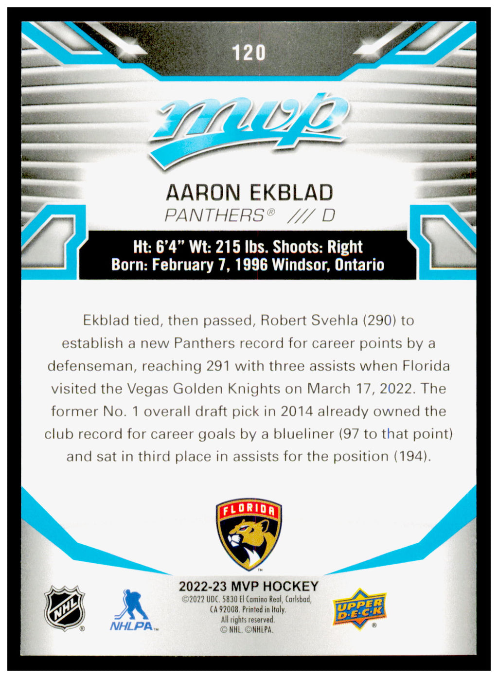 2022-23 Upper Deck MVP Aaron Ekblad Card Florida Panthers #120