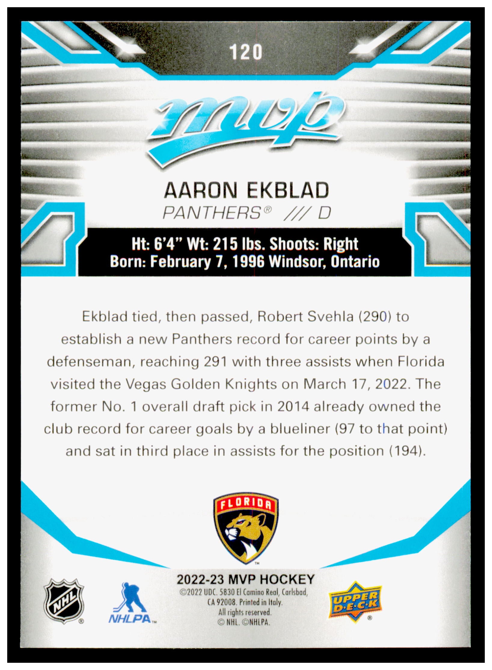 2022-23 Upper Deck MVP Aaron Ekblad Card Florida Panthers #120