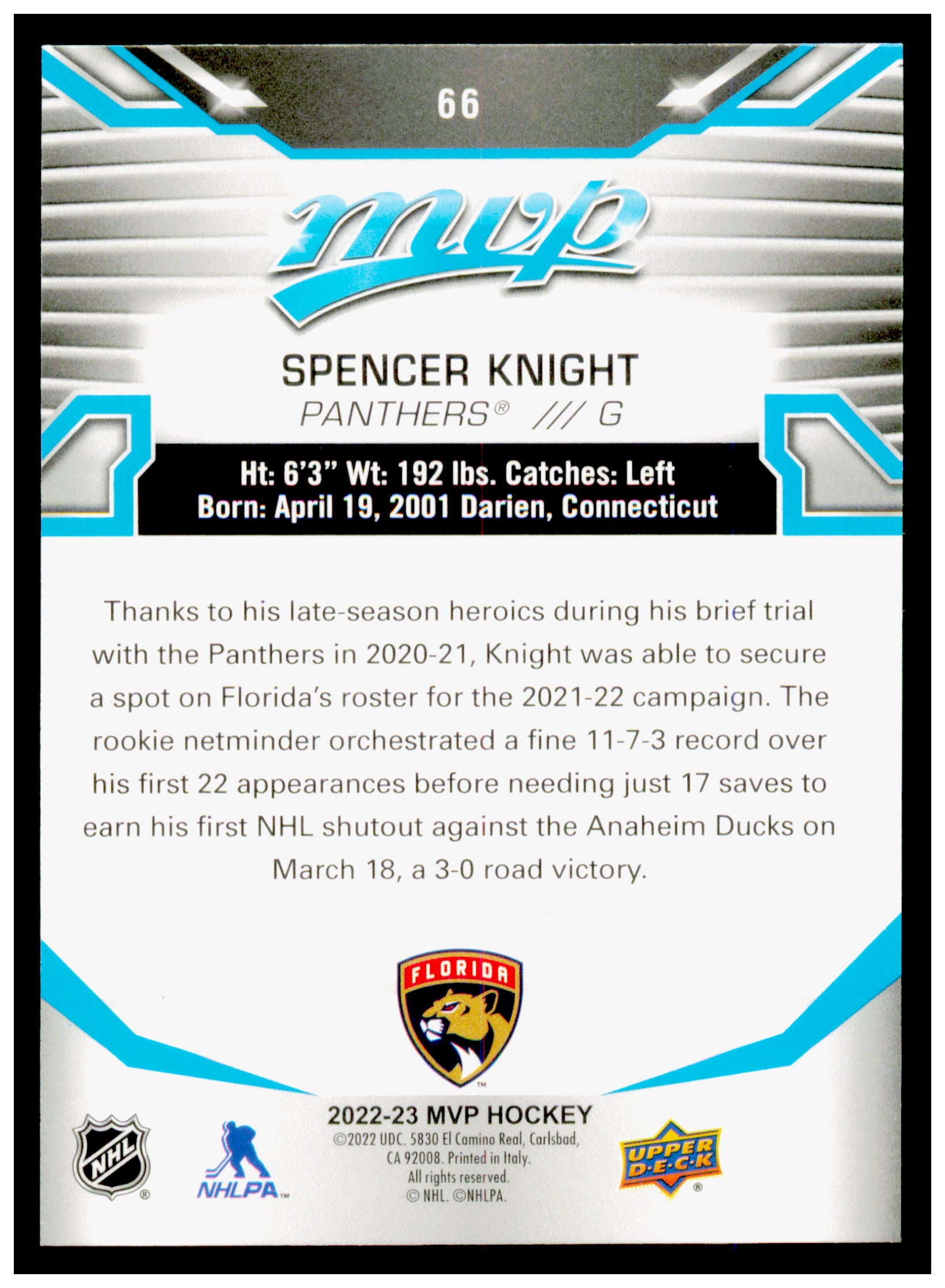 2022-23 Upper Deck MVP Spencer Knight Card Florida Panthers #66