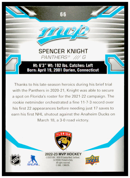 2022-23 Upper Deck MVP Spencer Knight Card Florida Panthers #66