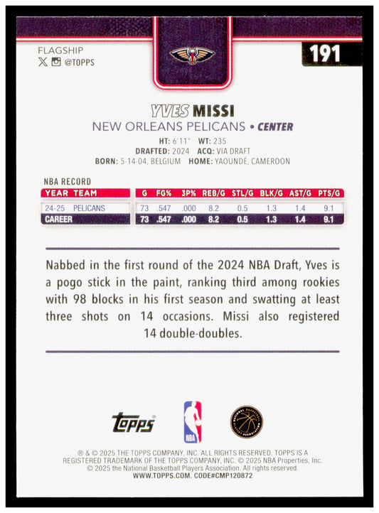 2025-26 Topps Yves Missi Card New Orleans Pelicans #191