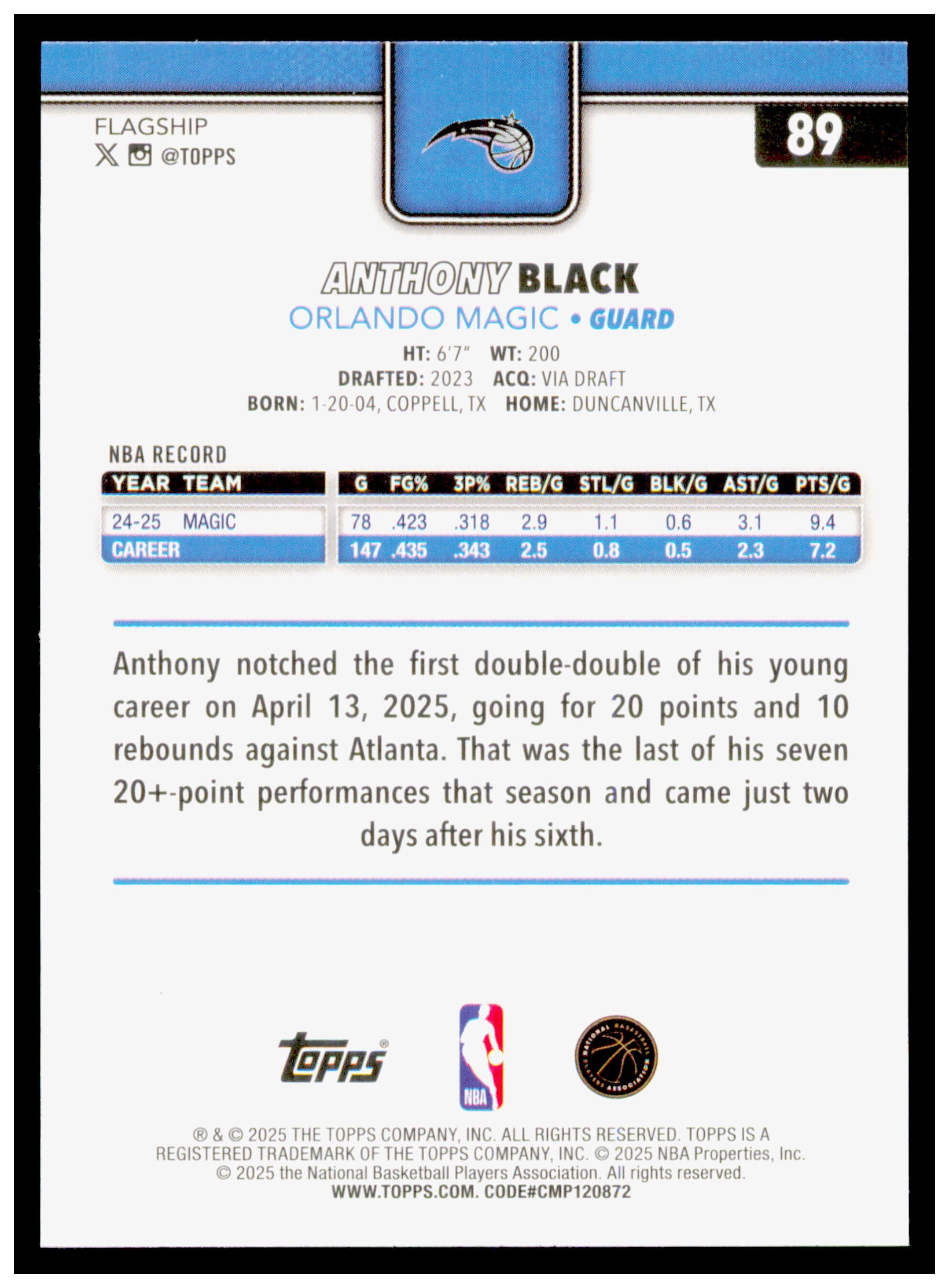 2025-26 Topps Anthony Black Card Orlando Magic #89