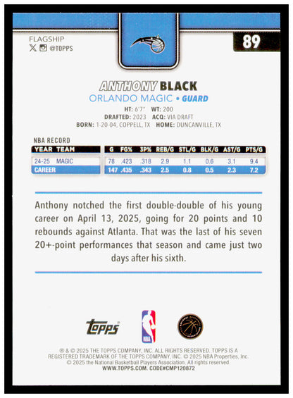 2025-26 Topps Anthony Black Card Orlando Magic #89