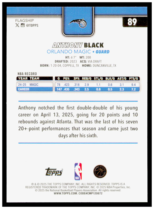 2025-26 Topps Anthony Black Card Orlando Magic #89