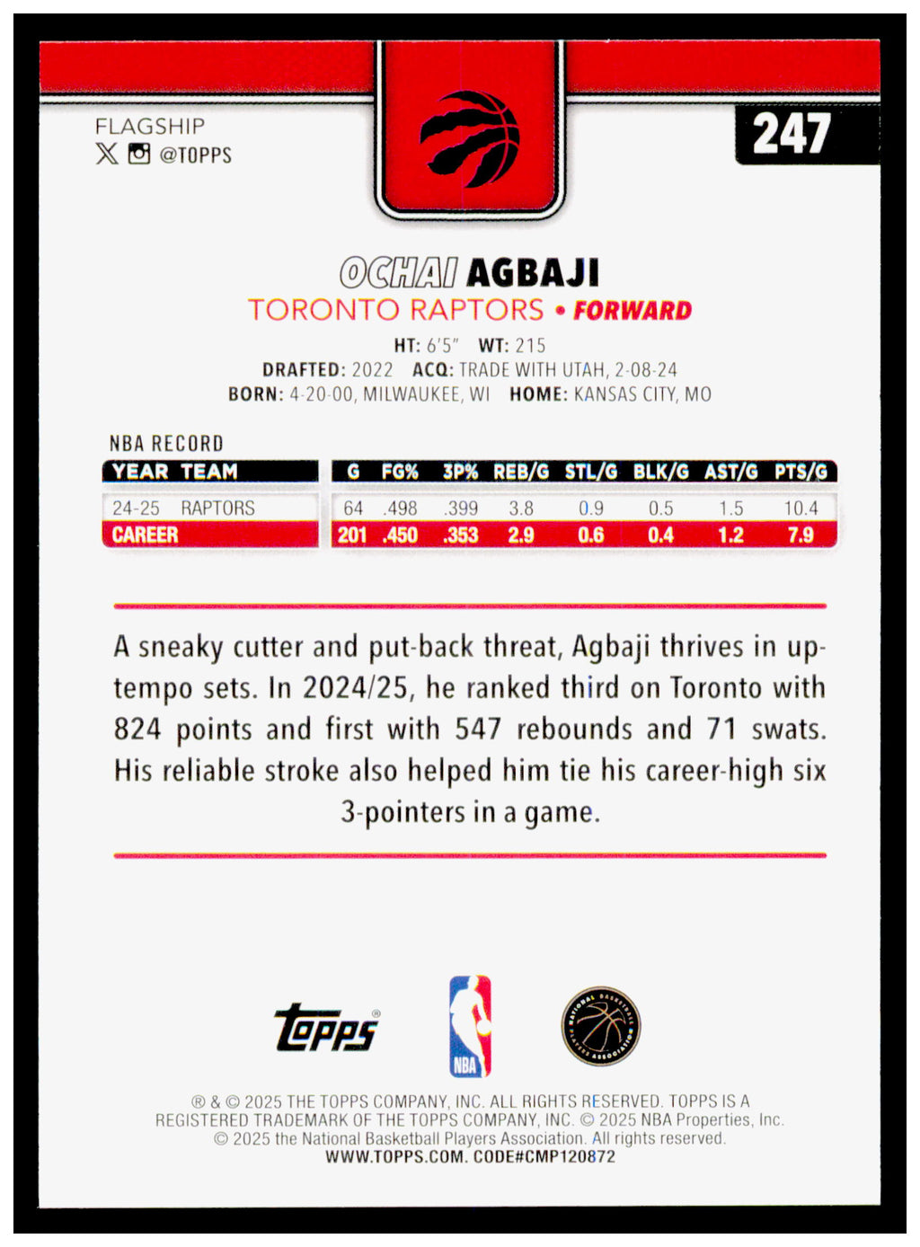 2025-26 Topps Ochai Agbaji Card Gold SN Toronto Raptors #247