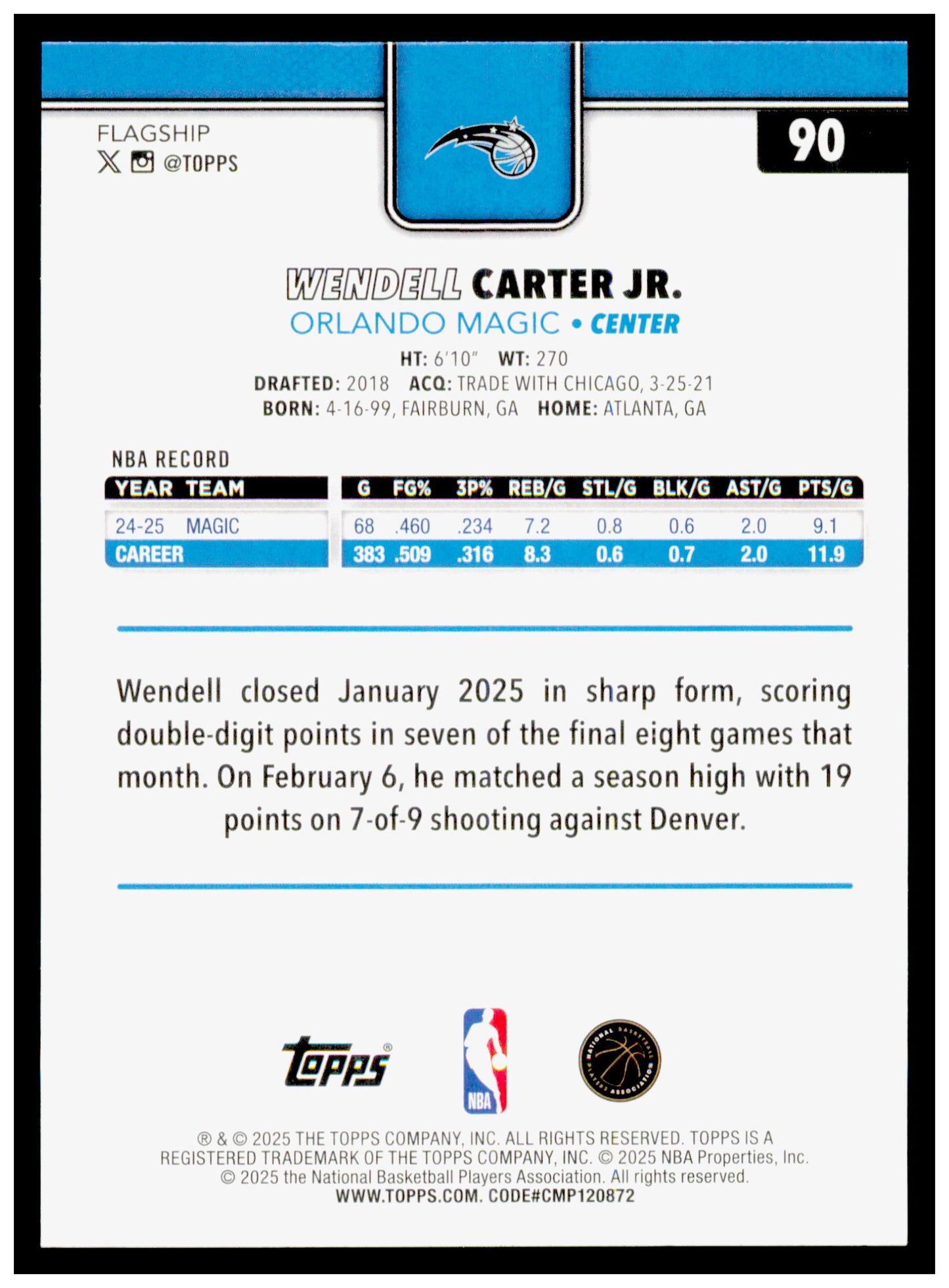 2025-26 Topps Wendell Carter Jr. Card Orlando Magic #90