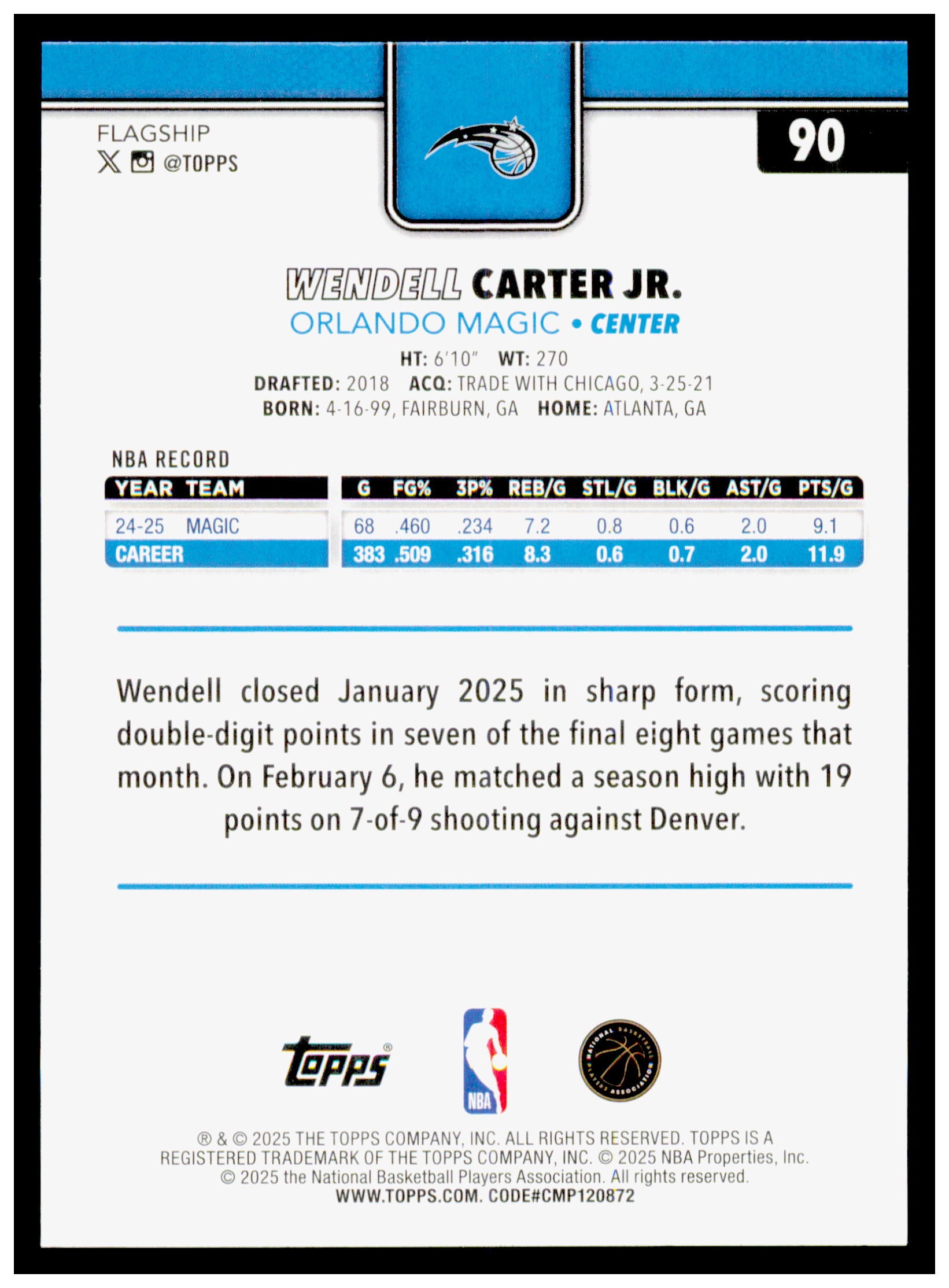 2025-26 Topps Wendell Carter Jr. Card Orlando Magic #90