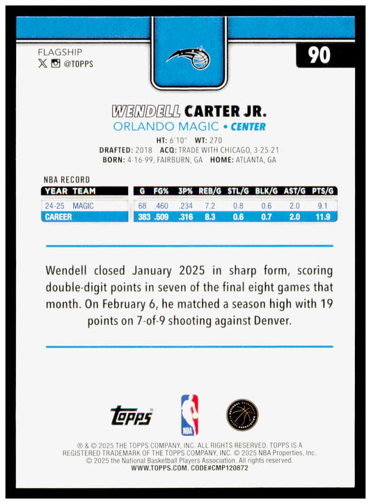 2025-26 Topps Wendell Carter Jr. Card Orlando Magic #90