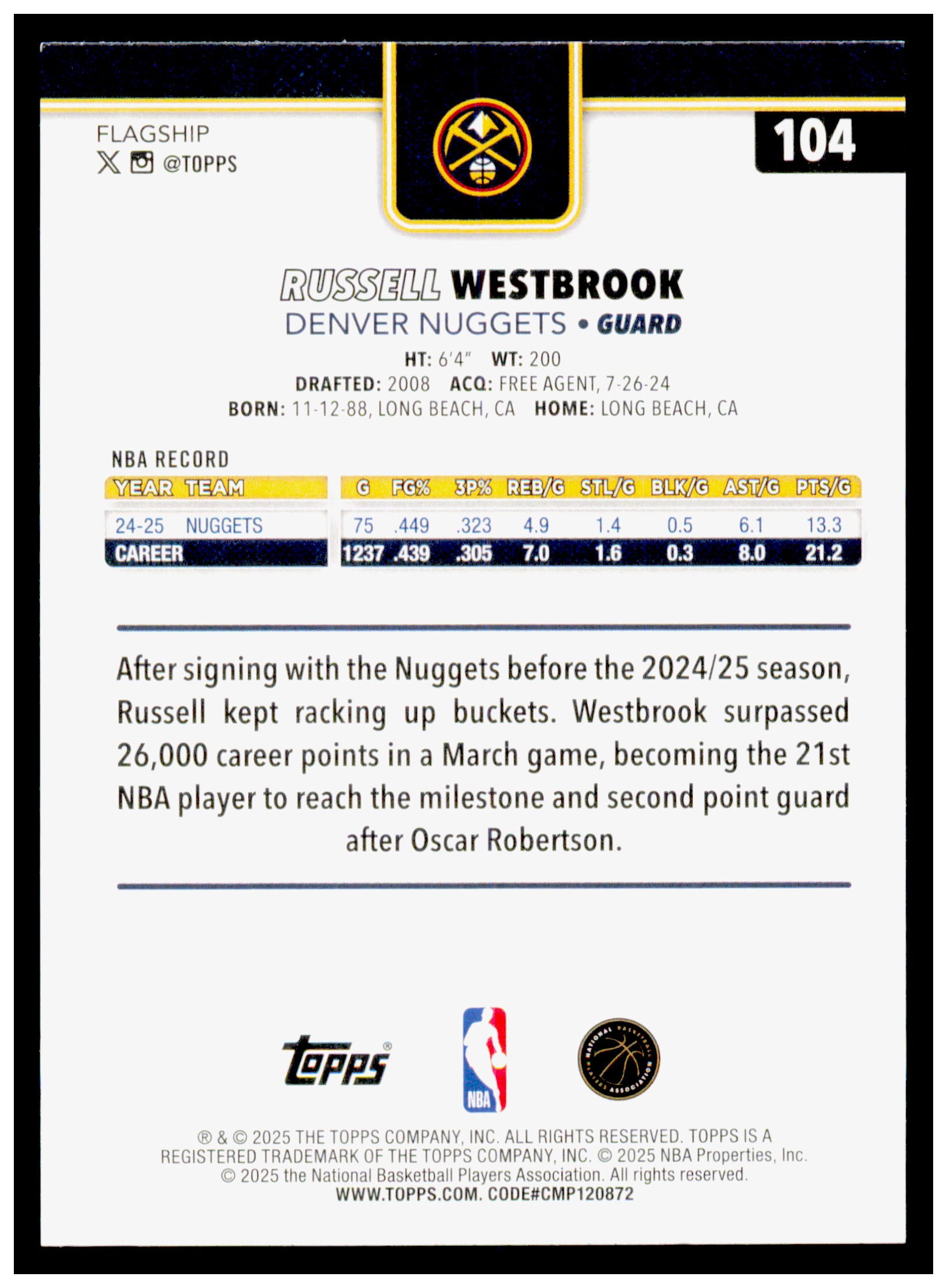2025-26 Topps Russell Westbrook Card Denver Nuggets #104