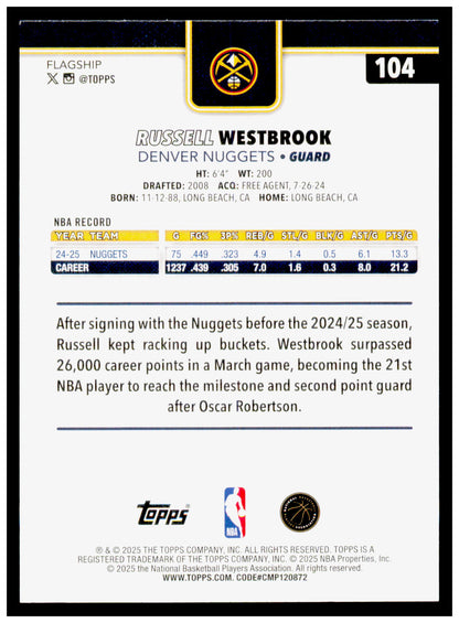 2025-26 Topps Russell Westbrook Card Denver Nuggets #104