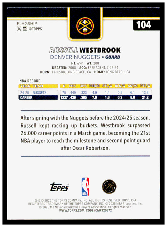 2025-26 Topps Russell Westbrook Card Denver Nuggets #104