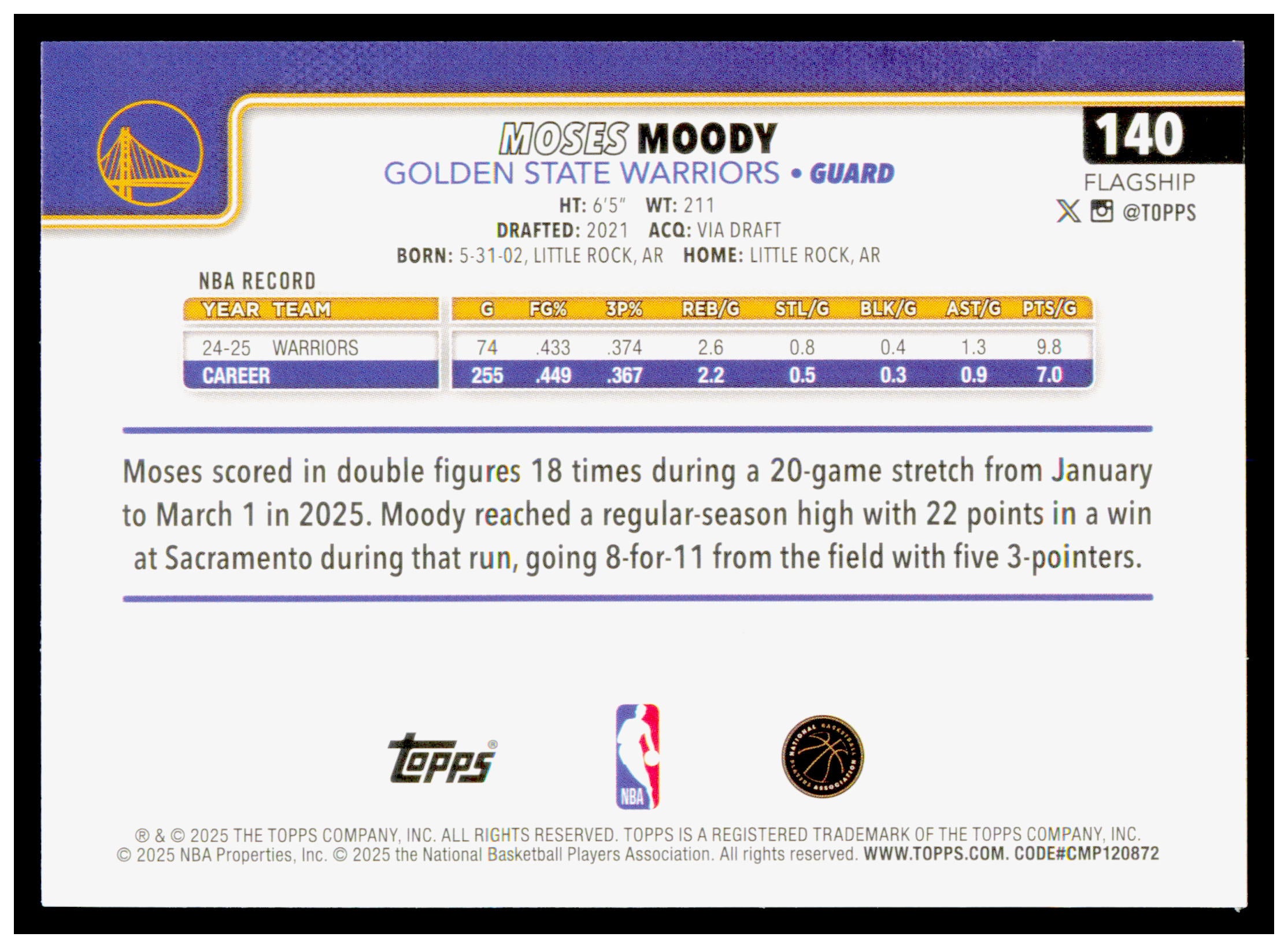 2025-26 Topps Moses Moody Card Golden State Warriors #140