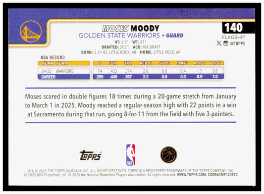 2025-26 Topps Moses Moody Card Golden State Warriors #140