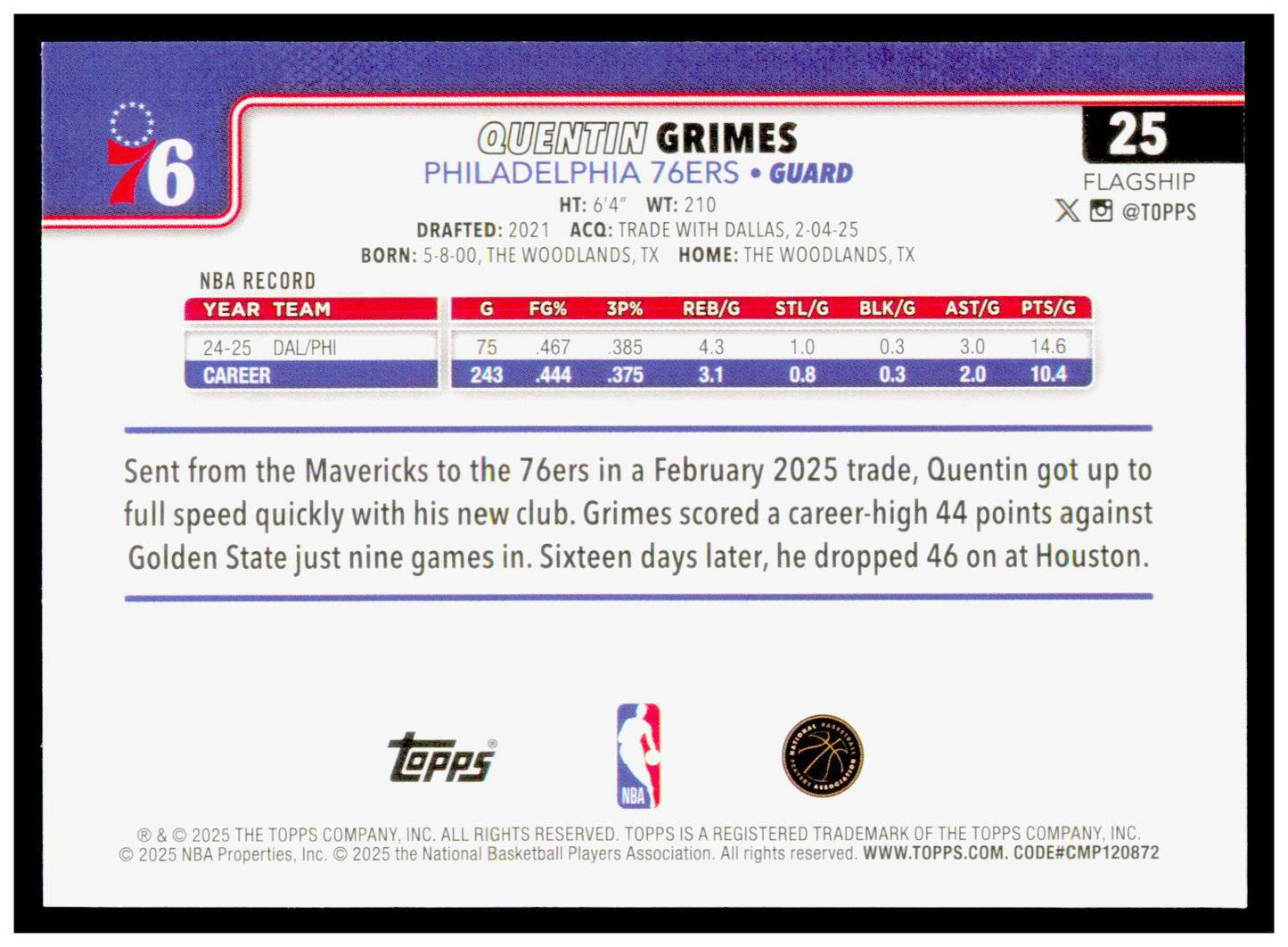 2025-26 Topps Quentin Grimes Card Philadelphia 76ers #25