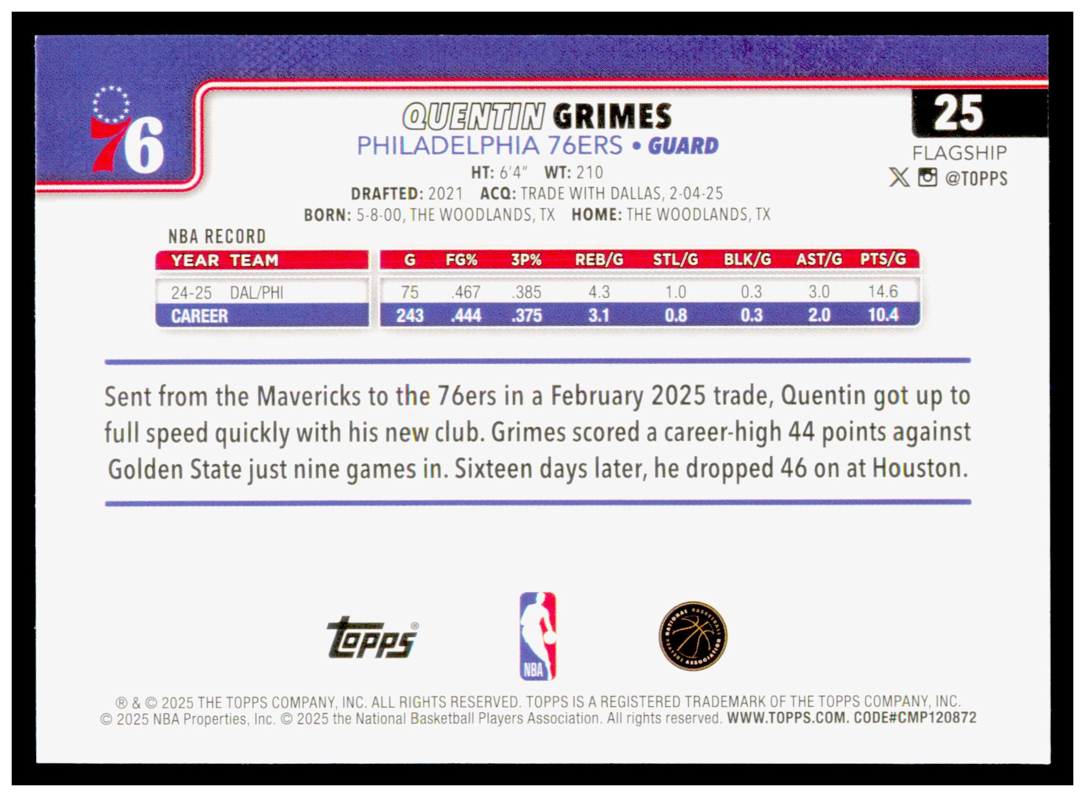 2025-26 Topps Quentin Grimes Card Philadelphia 76ers #25