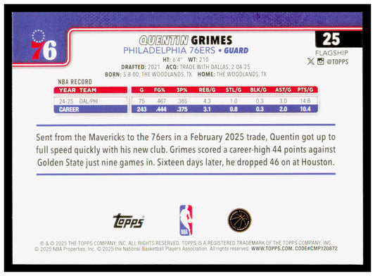 2025-26 Topps Quentin Grimes Card Philadelphia 76ers #25