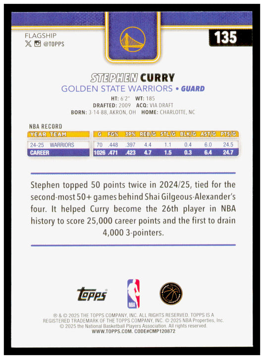 2025-26 Topps Stephen Curry Card Golden State Warriors #135