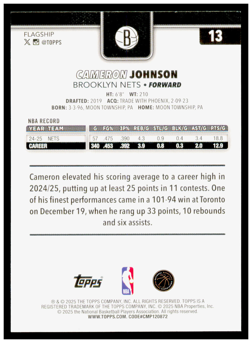 2025-26 Topps Cameron Johnson Card Brooklyn Nets #13