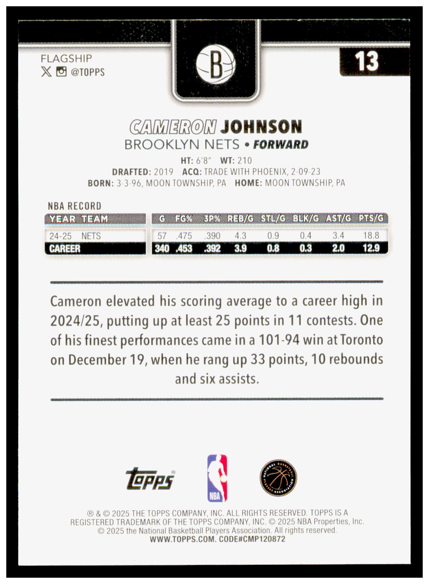2025-26 Topps Cameron Johnson Card Brooklyn Nets #13