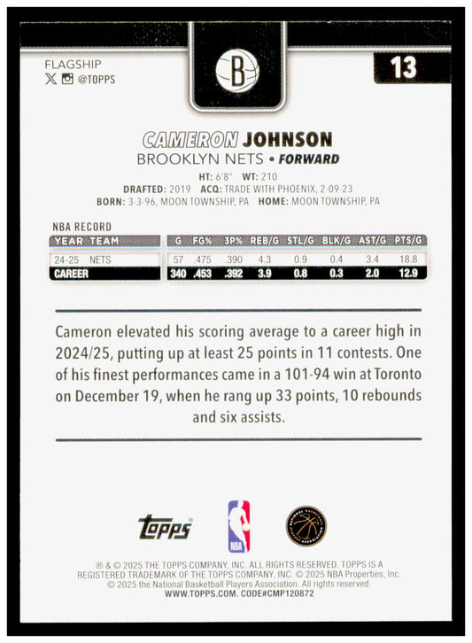 2025-26 Topps Cameron Johnson Card Brooklyn Nets #13