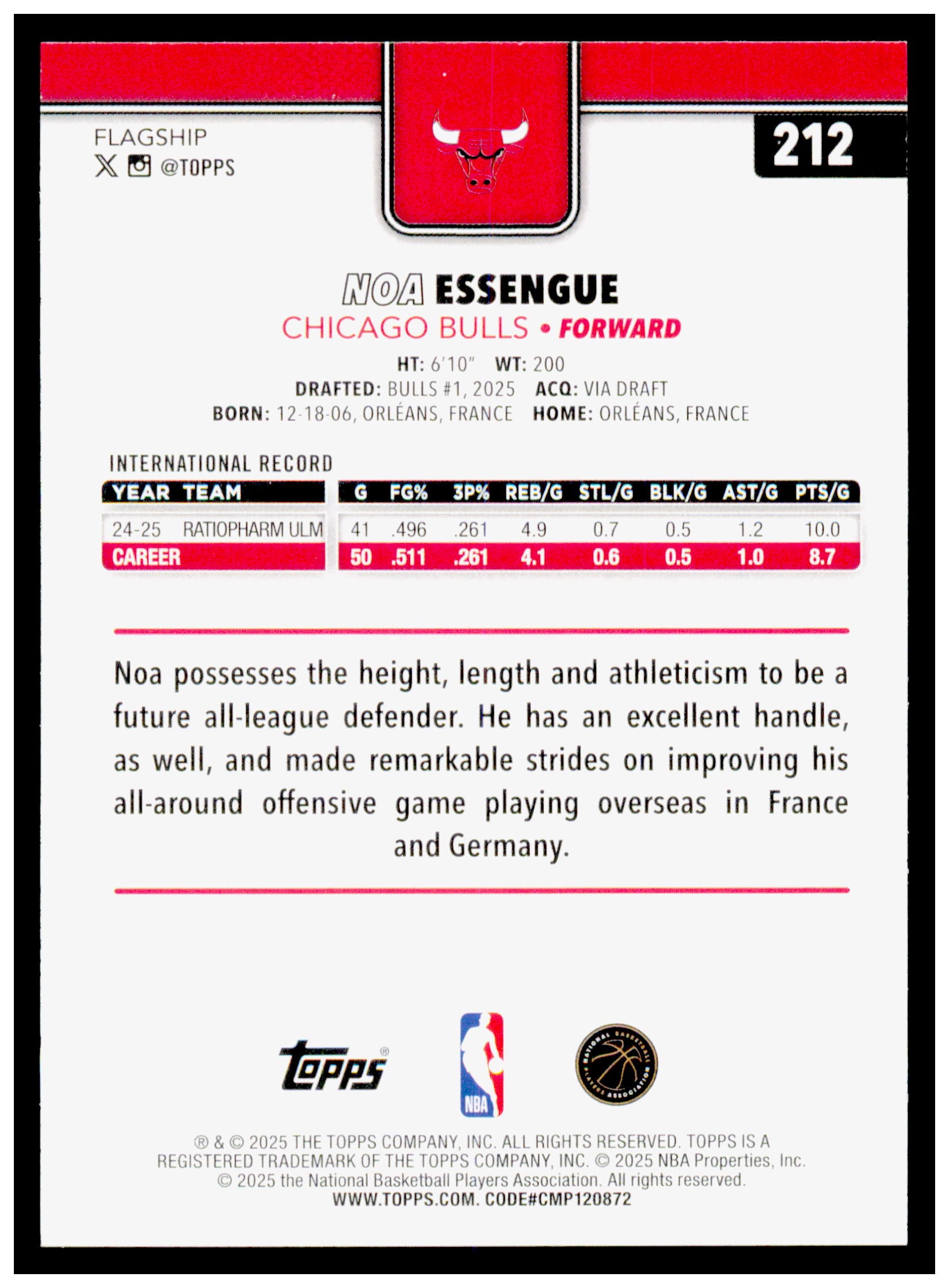 2025-26 Topps Noa Essengue Card RC Chicago Bulls #212
