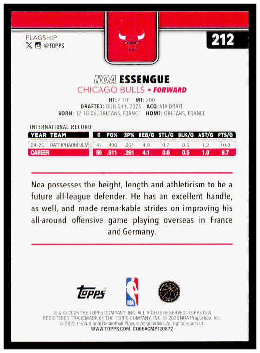 2025-26 Topps Noa Essengue Card RC Chicago Bulls #212